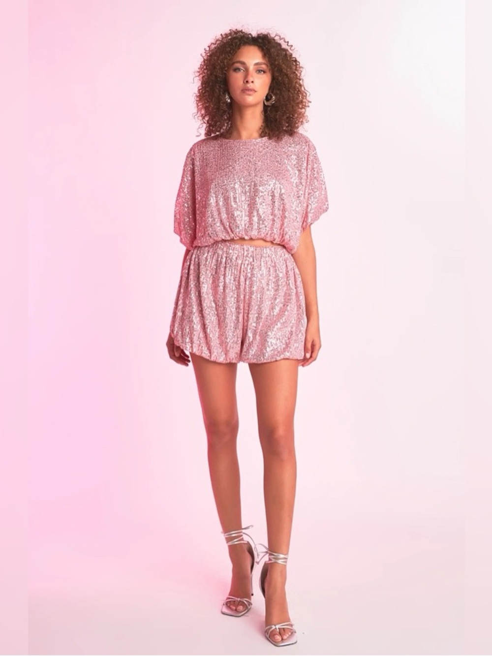 Endless Rose NWT Sequins Cropped Puff Top Blush Pink Rose Gold Small Balloon